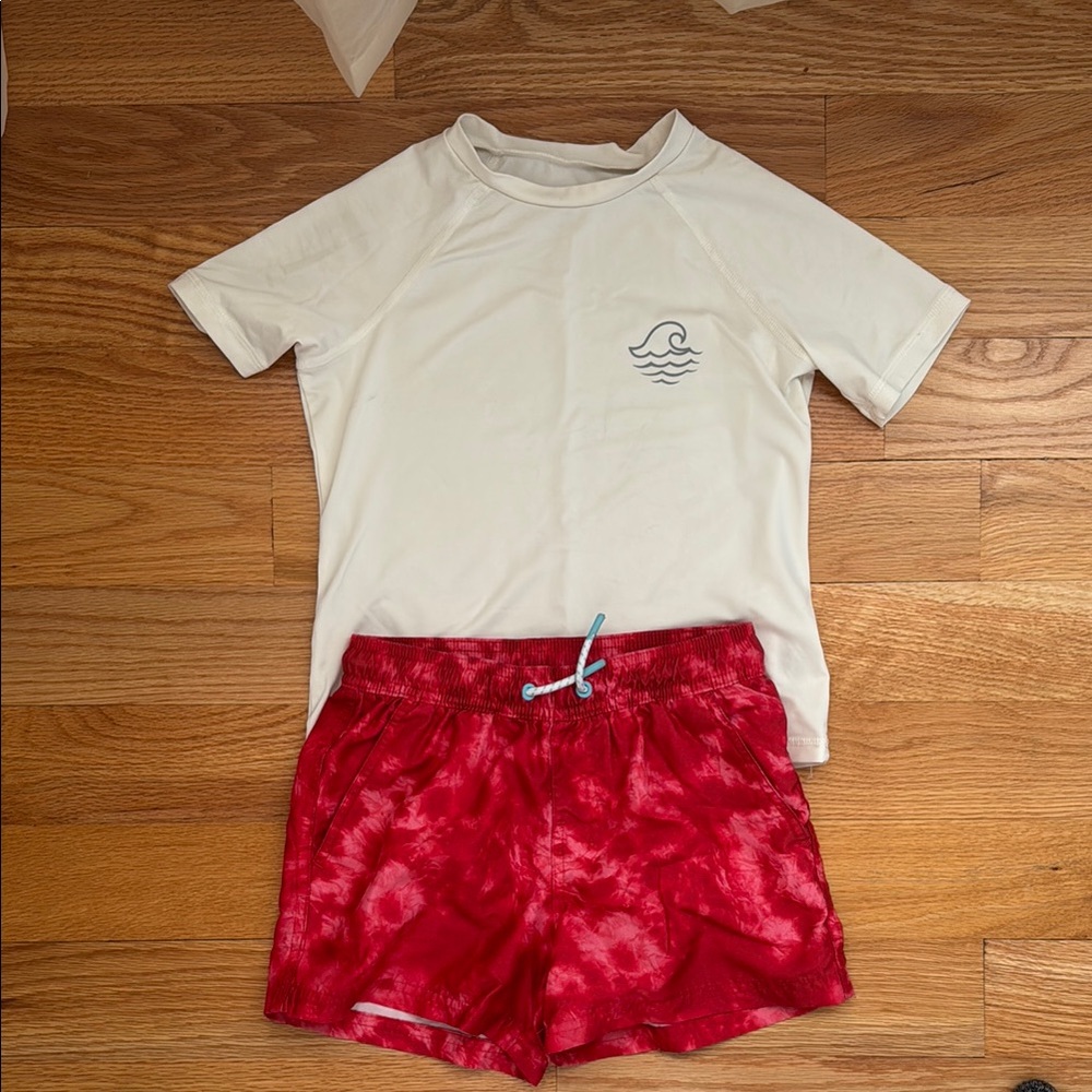 White Rash Guard and Red Tie-Dye Shorts Set